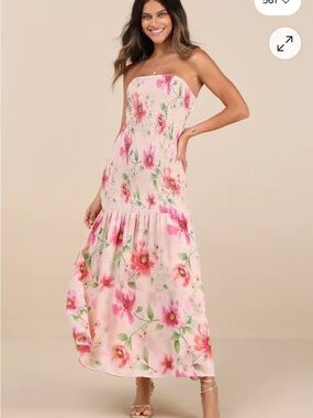 Lulu's Pink Floral Strapless Smocked Maxi Dress